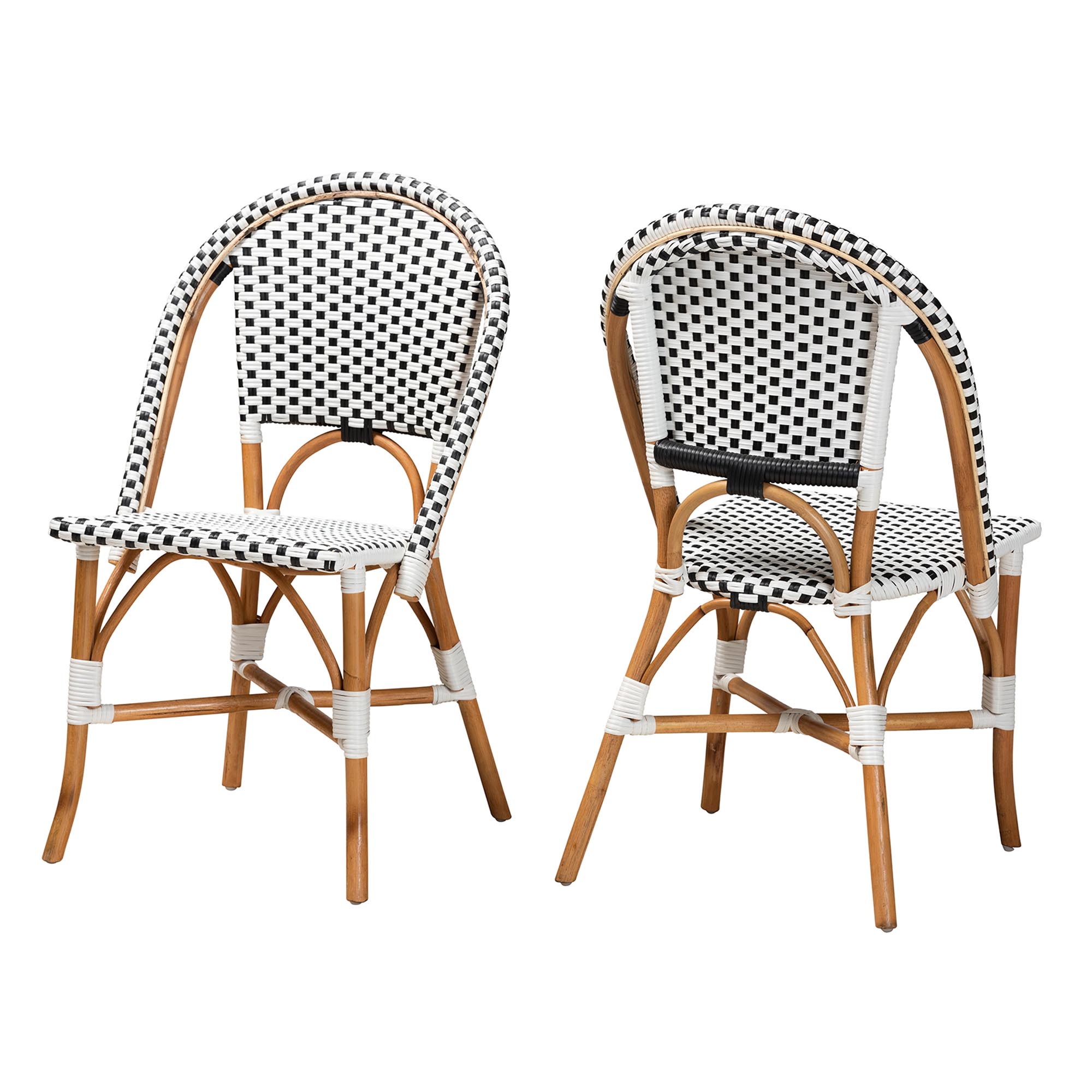 Baxton Studio Quincy Modern French Black and White Weaving and Natural Brown Rattan 2-Piece Bistro Chair Set